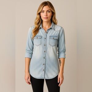 Truth NYC Lightweight Soft Cotton Denim Button Down Tunic Top in Light Blue, M